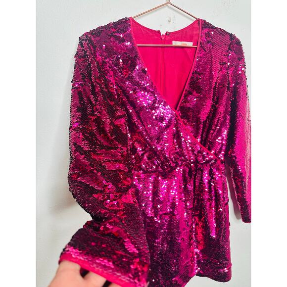 LA MAISON TALULAH Pink Sequins Long Sleeve V-Neck Sequin For Now Mini Dress L - Picture 16 of 16